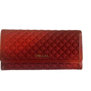 PRADA Long Wallet Bi-fold Wallet Quilted Logo Nylon Red W 18.5cm x H 9.5cm